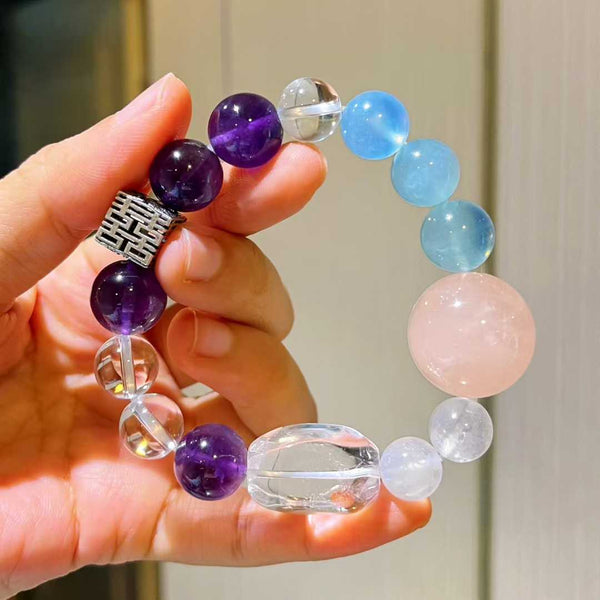 925 Silver Natural Aquamarine Amethyst Moonstone Strawberry Quartz Bracelet High Quality