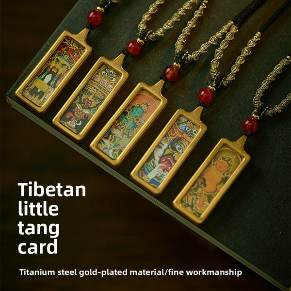 Hand Painted Gold Trimmed Titanium Steel Tangka Pendant Green Tara