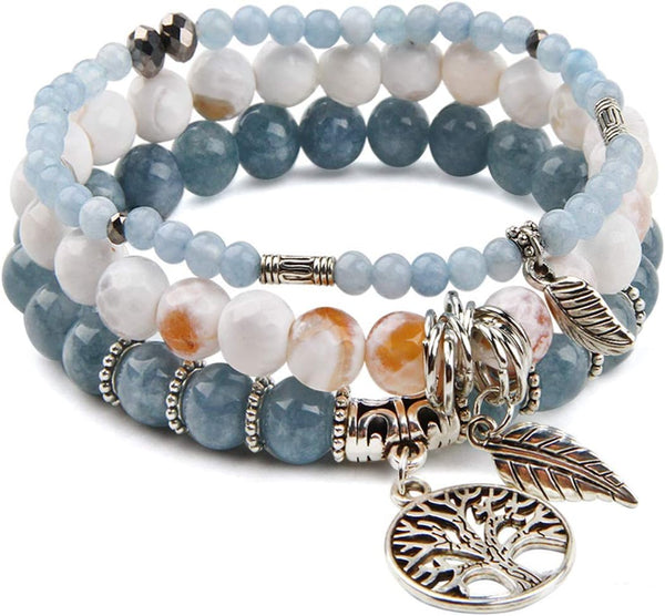 Tree of Life Turquoise Jasper & Tibetan Agate Gemstone Chakra Beaded Bracelet | Beach Charm Bracelet Set - Ocean Jewelry