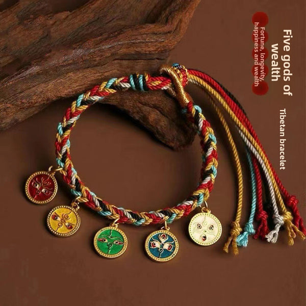 Dragon Knot Braided Multicolored Bracelet Tangka Five Directions God of Wealth Bracelet Adjustable Ethnic Style Women's Gift for Good Fortune