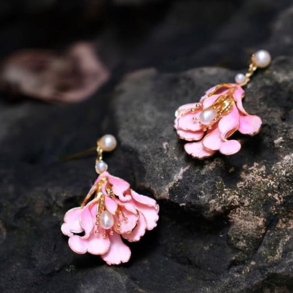 Energy Infused Pink Magnolia Earrings Handcrafted Chinese Style