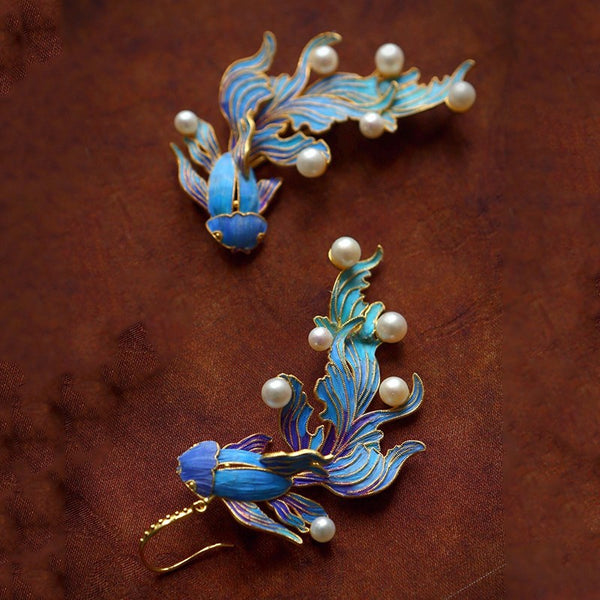 Yanyouyu Ancient Blue Energy Enamel Jade Carp Earrings Women Retro