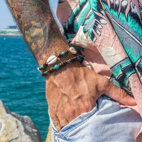 Bohemian Ethnic Energy Shell Wood Bead Turquoise Men Bracelet