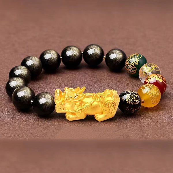 Natural Gold Obsidian Pixiu Five-Directional Wealth God Bracelet for Men and Women Red Yellow White Green Black Color-Changing Pixiu Bracelet