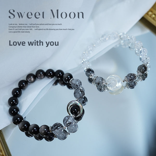 JunRuYue Love Protection Black Obsidian Silver... Bracelet with White Crystal