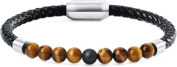 COAI Men's Genuine Leather Bracelet with Natural Stone Beads and Onyx