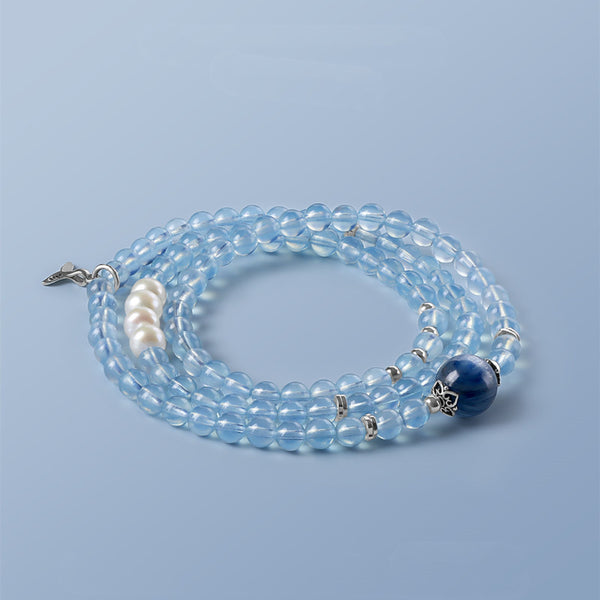 Aqua Energy 4-5mm Round Aquamarine Beads Bracelet with Elegant Freshwater Pearl
