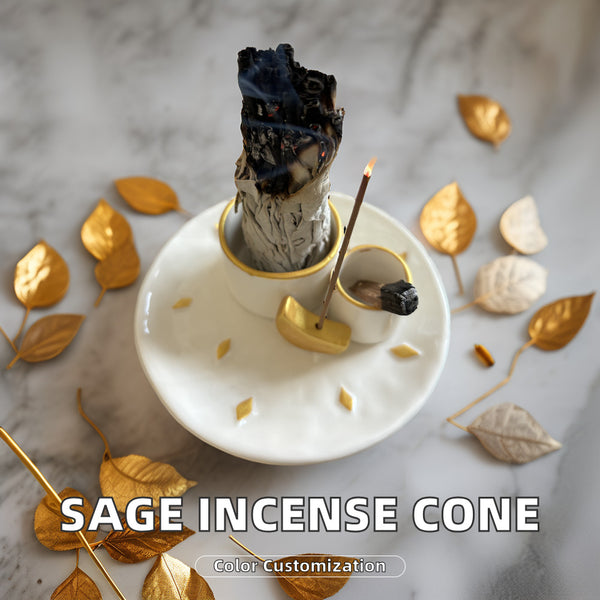 Aromatic Ceramic Incense Burner with Sage Wood Tray