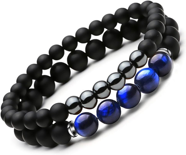 SEVENSTONE 2PCS Black Matte Onyx Prayer Beads Bracelet for Men Women Elastic Natural Stone