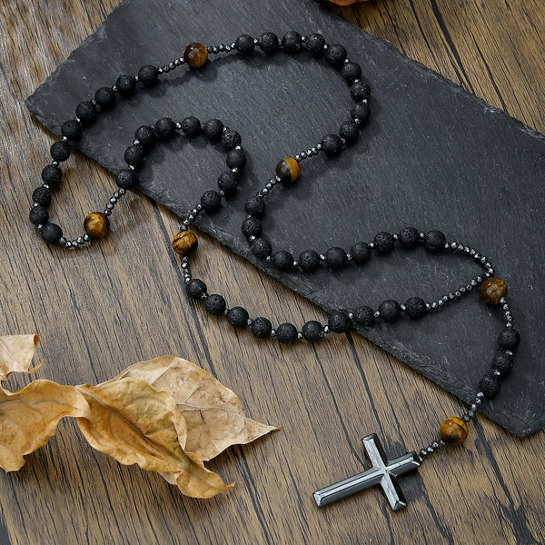 Men's Energy Cross Pendant Necklace Tiger Eye Stone Jewelry