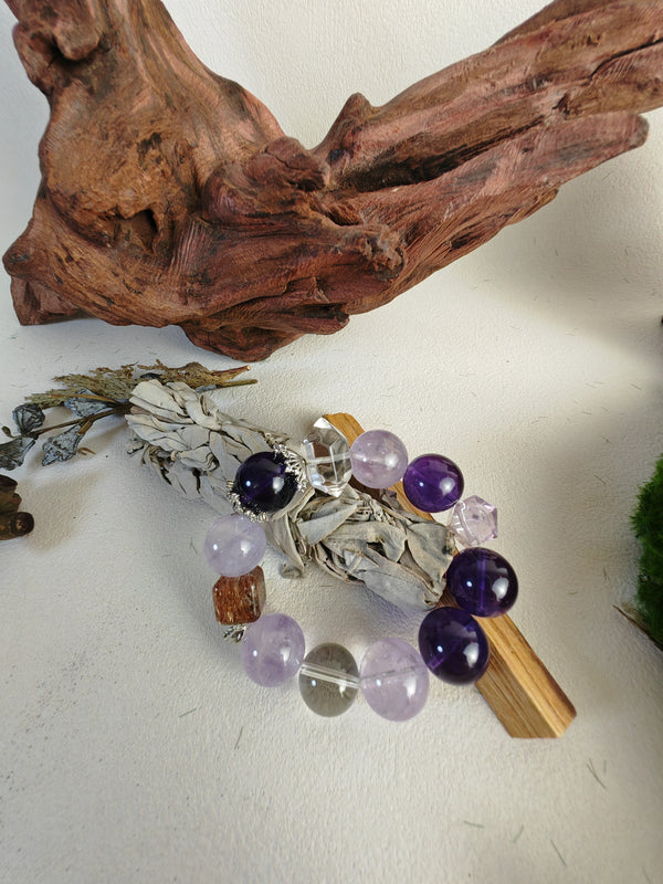 Natural Amethyst & White Crystal Bracelet – The Fusion of Fire & Metal Energies