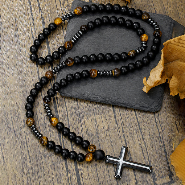 Natural Stone Black Obsidian Tiger Eye Iron Cross Necklace for Men