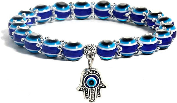 SUMMER LOVE Evil Eye Hamsa Blue Beaded Charm Stretch Bracelet Hand of Fatima Turkish Lucky Evil Eye Bracelet for Protection and Blessing