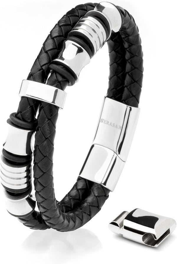 SERASAR | Premium Genuine Leather Bracelet for Men | Magnetic Stainless Steel Clasp | Black, Silver and Gold | Jewelry Box Included