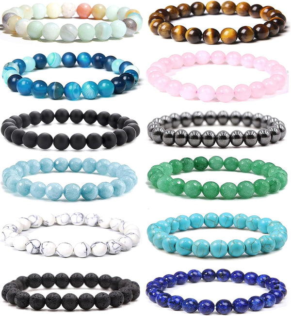 Jewdreamer 12Pcs Natural Stone Beaded Bracelets for Women Men Semi-Precious Gemstones Bracelets Crystal Beaded Bracelet Unisex