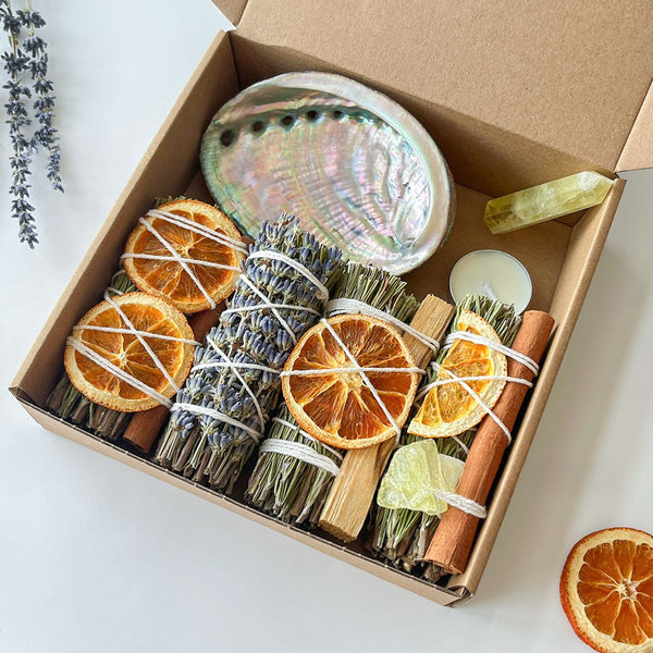 Cinnamon Lavender Sage Purification Set: Pearl Oyster Shell, Orange Peel, Yellow Crystal Pill, Natural Plant Stick, Essential Oil Fragrance