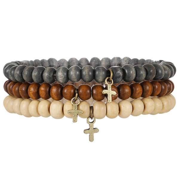 Energy-Infused Retro Wooden Bead Bracelet with Beaded Cross Pendant Set