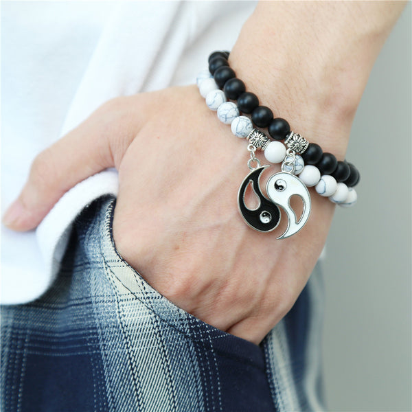 Energy Balanced Yin Yang Beaded Jewelry Set Black Matte White Turquoise